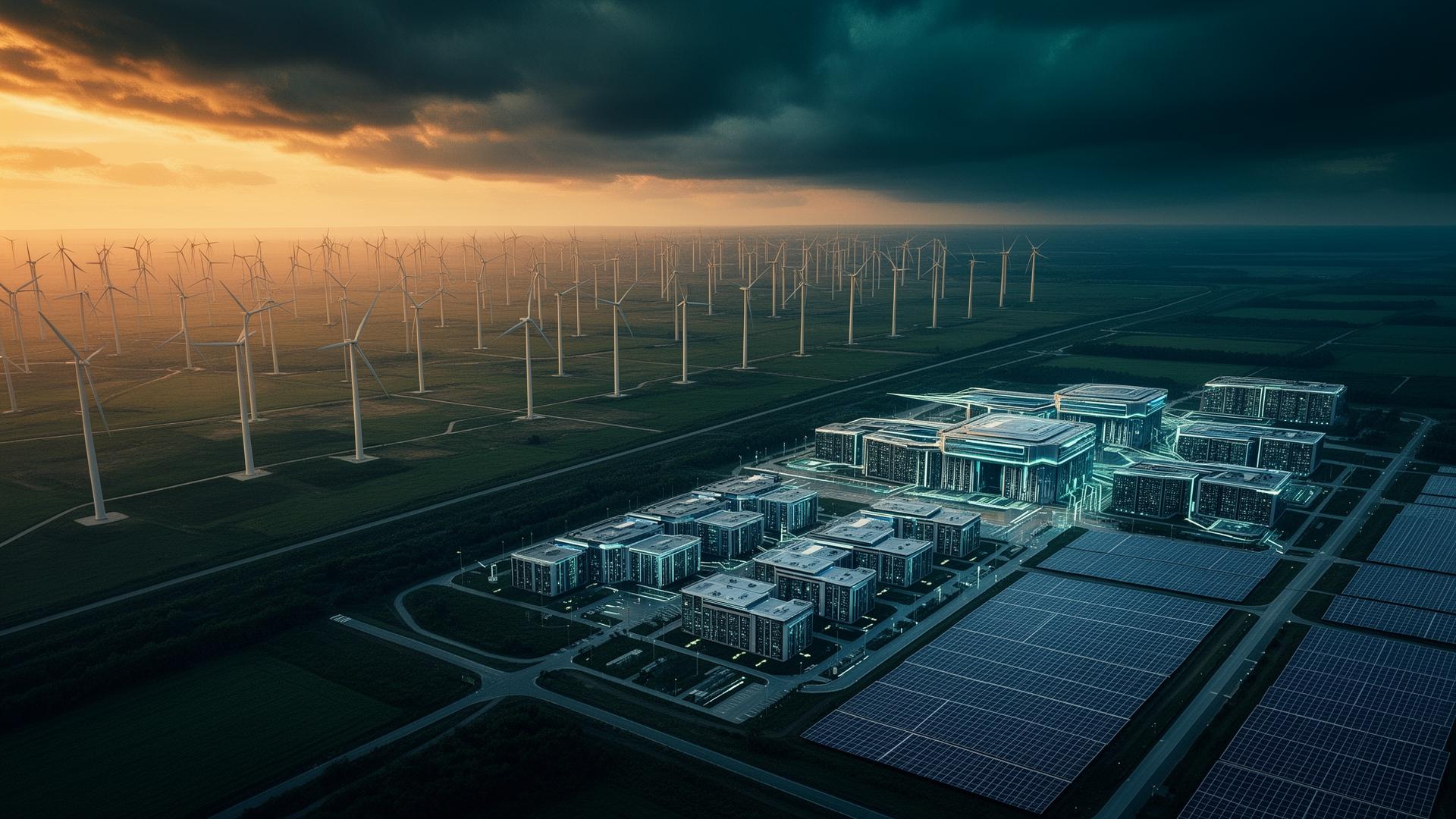 Wind farm meeting hyperscale data center at golden hour